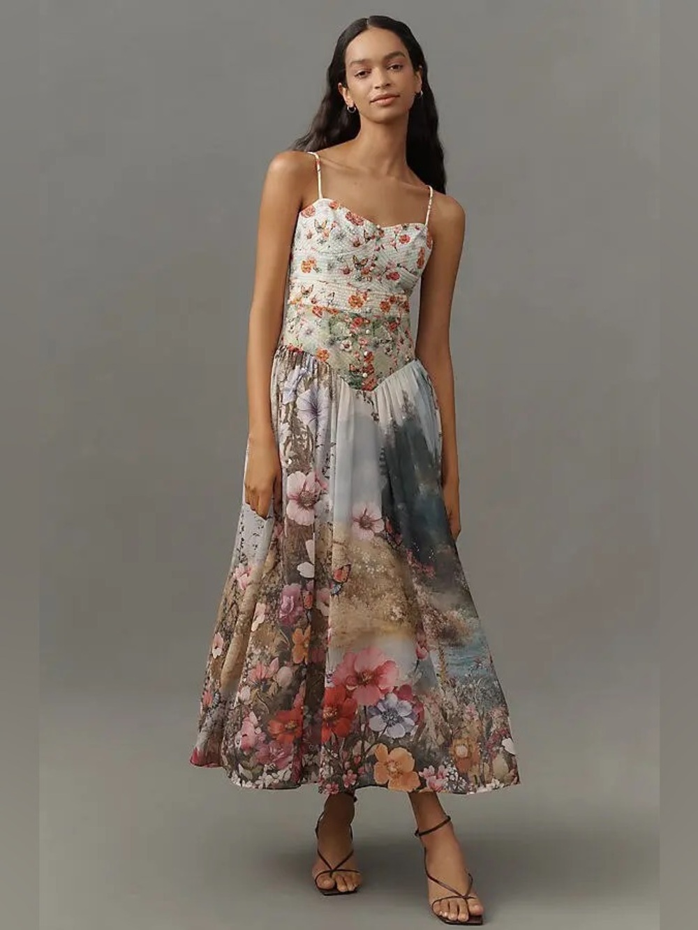 Anthropologie Strapless Floral Garden Print Midi Dress — White, Pink, Green - Picture 2 of 13